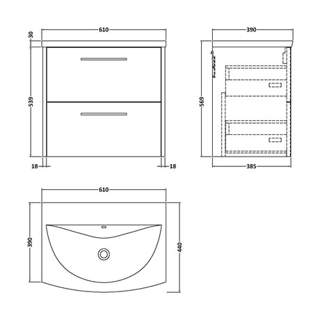 [BFPF2624G] Winshill Contemporary 2 Drawer Wall Hung Vanity Unit with Curved Basin, Metallic Slate, 600mm - Technical Drawing