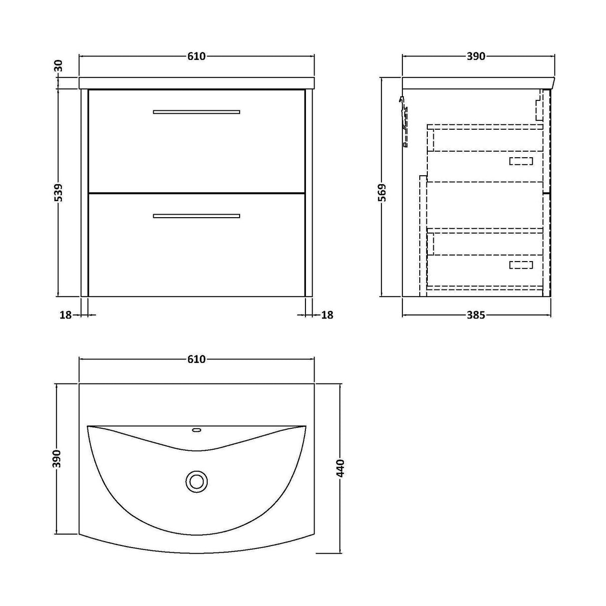 [BFPF2624G] Winshill Contemporary 2 Drawer Wall Hung Vanity Unit with Curved Basin, Choice of Colour - Technical Drawing