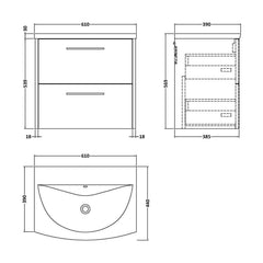 [BFPF2624G] Winshill Contemporary 2 Drawer Wall Hung Vanity Unit with Curved Basin, Choice of Colour - Technical Drawing