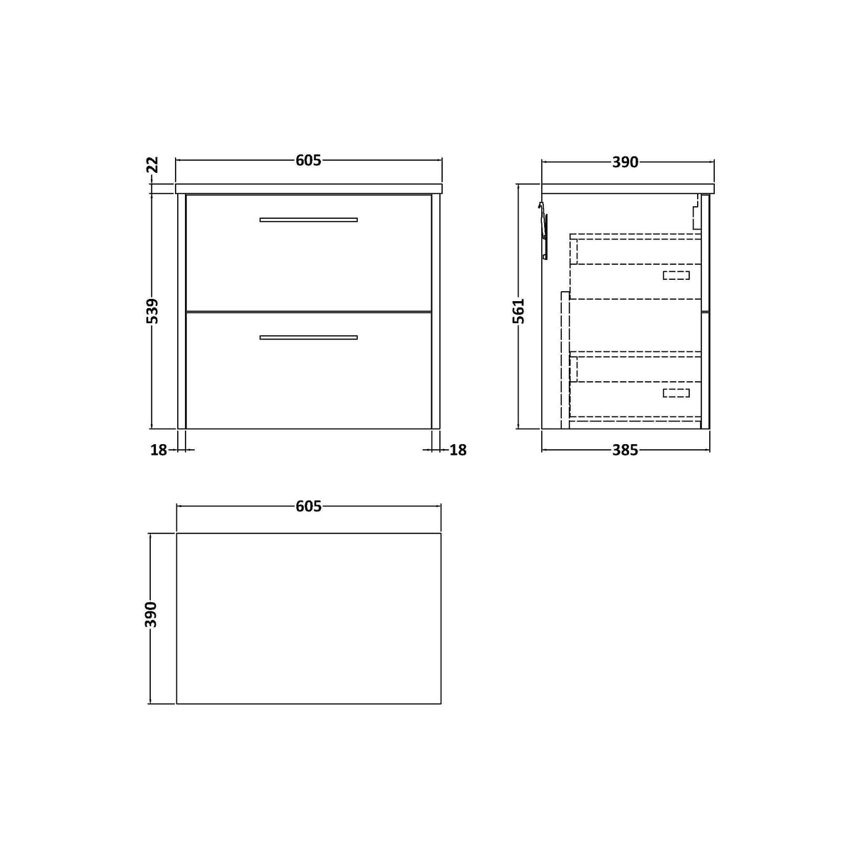 [BFPF2624LBG] Winshill Contemporary 2 Drawer Wall Hung Vanity Unit with Laminate Worktop - Choice of Size and Colour - Technical Drawing