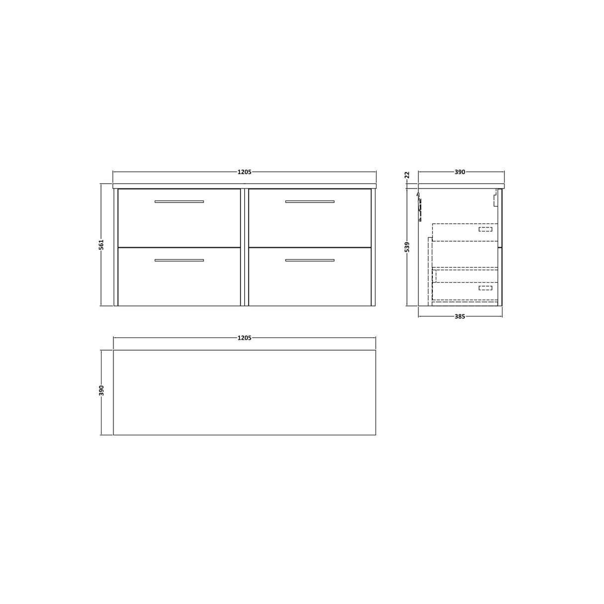 [BFPF2624LCM2] Winshill Contemporary 4 Drawer Wall Hung Vanity Unit with Carrera Marble Laminate Worktop - Choice of Colour - Technical Drawing