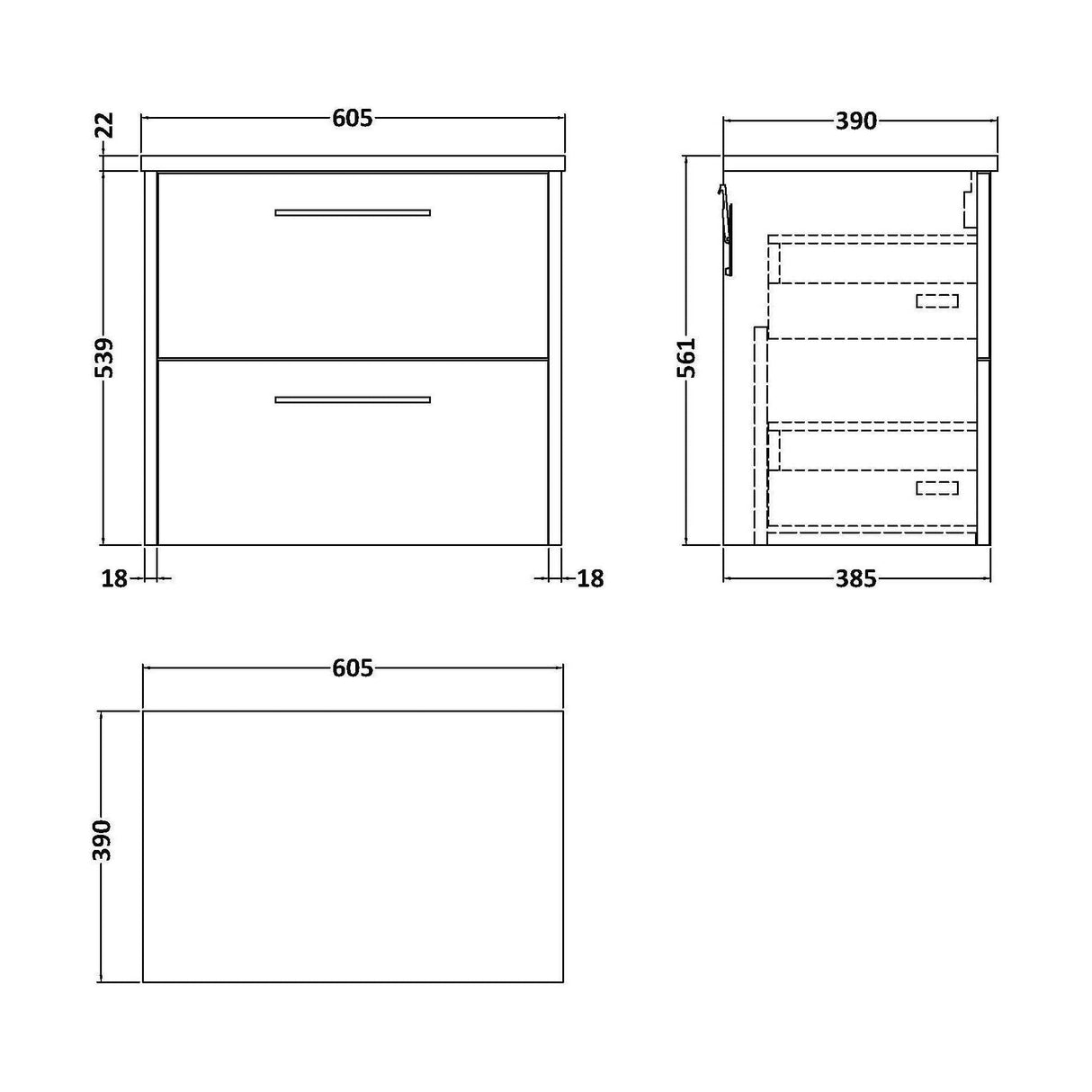 [BFPF2624LCM] Winshill Contemporary 2 Drawer Wall Hung Vanity Unit with Carrera Marble Laminate Worktop - Choice of Colour - Technical Drawing