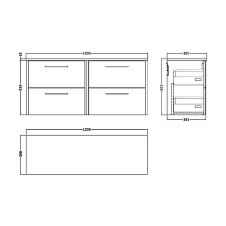 [BFPF2624W2] Winshill Contemporary 4 Drawer Wall Hung Vanity Unit with Worktop, Metallic Slate, 1200mm - Technical Drawing