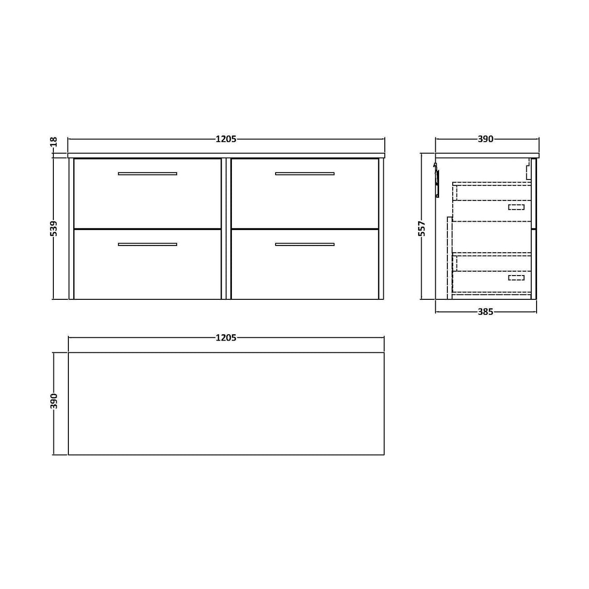 [BFPF2624W2] Winshill Contemporary 4 Drawer 1200mm Wall Hung Vanity Unit with Worktop - Choice of Colour - Technical Drawing