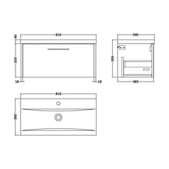 [BFPF2625A] Winshill Contemporary 1 Drawer Wall Hung Vanity Unit with Mid-Edge Basin - Choice of Size and Colour - Technical Drawing