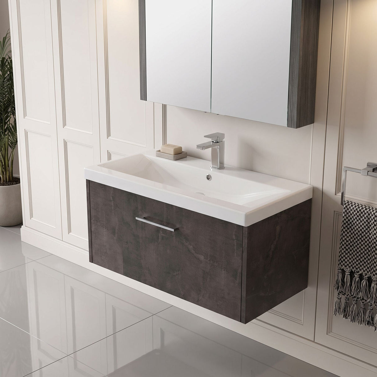 [BFPF2625A] Winshill Contemporary 1 Drawer Wall Hung Vanity Unit with Mid-Edge Basin - Choice of Size and Colour