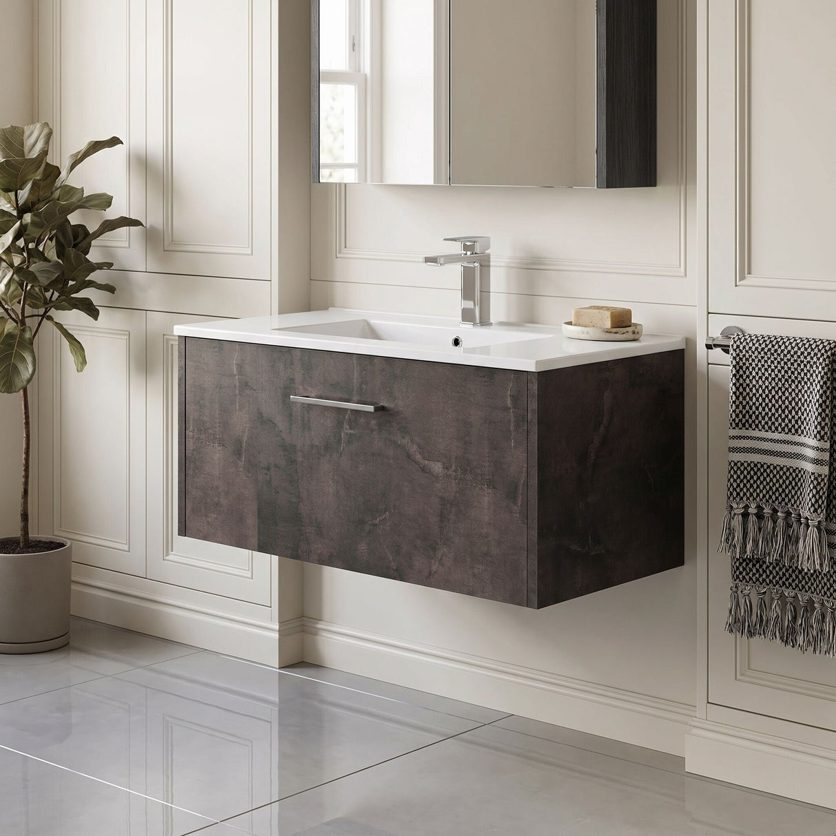 [BFPF2625B] Winshill Wall Hung 1 Drawer Vanity Unit with 1 Tap Hole Minimalist Basin, Choice of Size and Colour