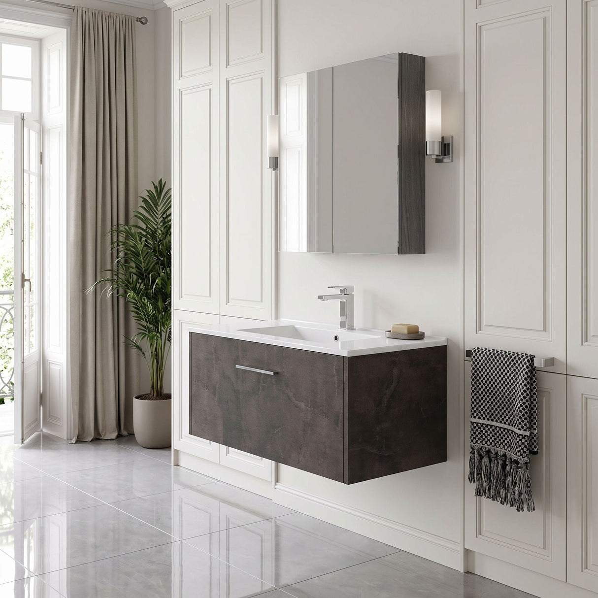 [BFPF2625B] Winshill Wall Hung 1 Drawer Vanity Unit with 1 Tap Hole Minimalist Basin, Choice of Size and Colour