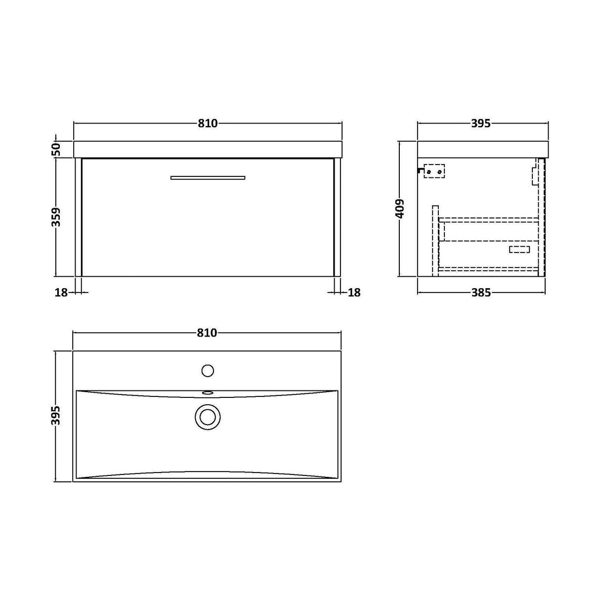 [BFPF2625D] Winshill Contemporary 1 Drawer Wall Hung Vanity Unit with Thin Edge Basin - Choice of Size and Colour - Technical Drawing