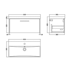[BFPF2625D] Winshill Contemporary 1 Drawer Wall Hung Vanity Unit with Thin Edge Basin - Choice of Size and Colour - Technical Drawing
