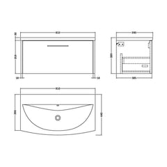 [BFPF2625G] Winshill Contemporary 1 Drawer Wall Hung Vanity Unit with Curved Basin, Choice of Size and Colour - Technical Drawing