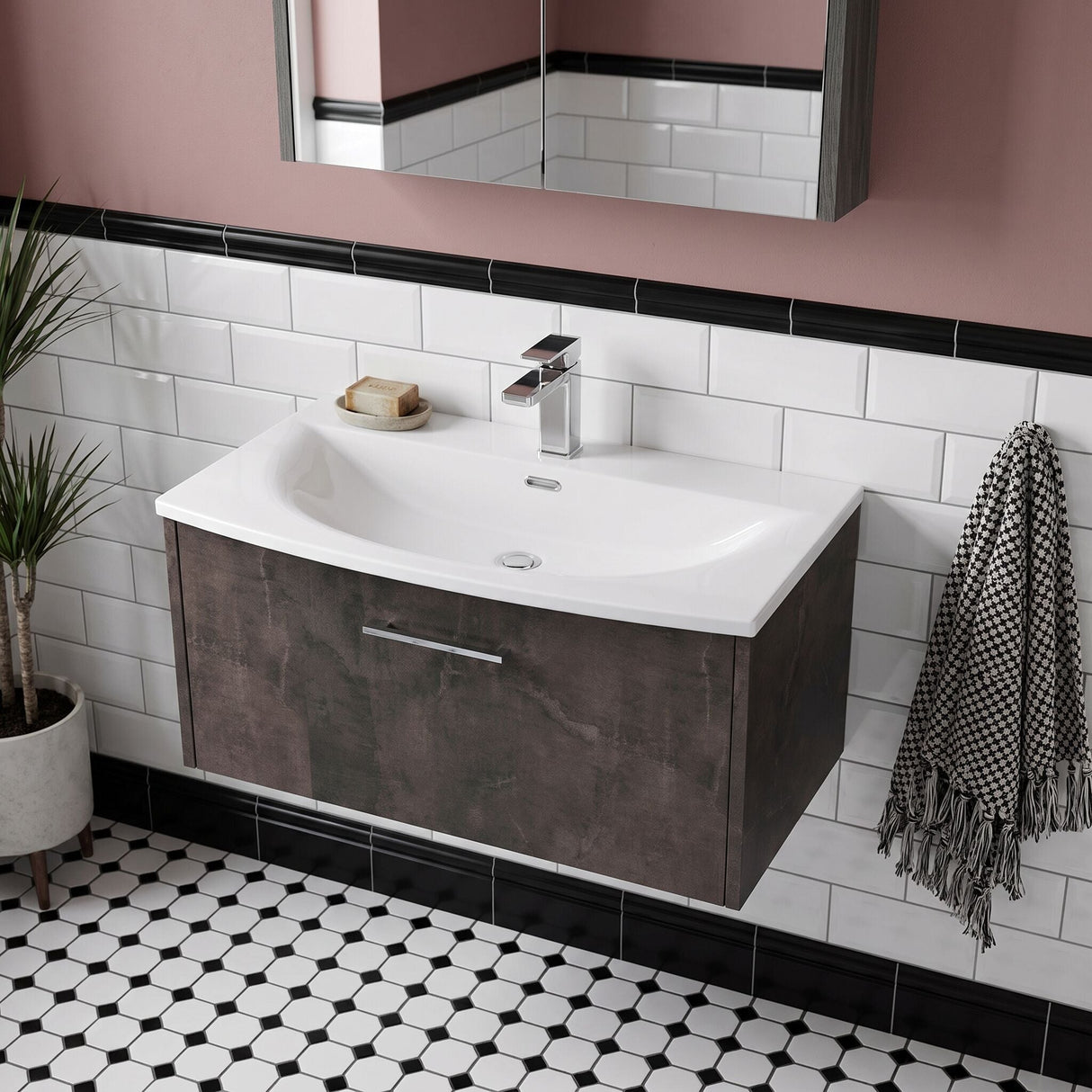 [BFPF2625G] Winshill Contemporary 1 Drawer Wall Hung Vanity Unit with Curved Basin, Choice of Size and Colour