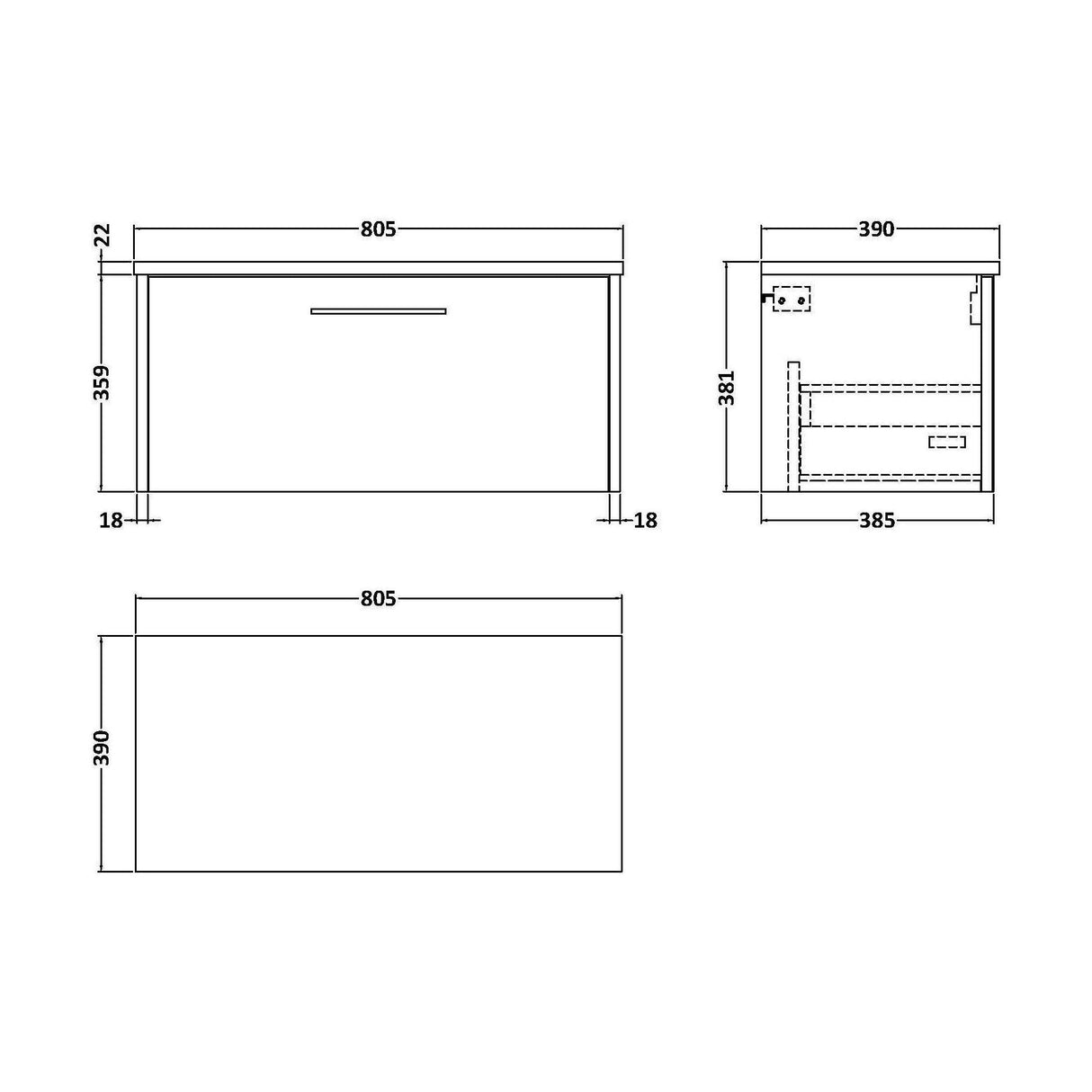 [BFPF2625LCM] Winshill Contemporary 1 Drawer Wall Hung Vanity Unit with Carrera Marble Laminate Worktop - Choice of Size and Colour - Technical Drawing