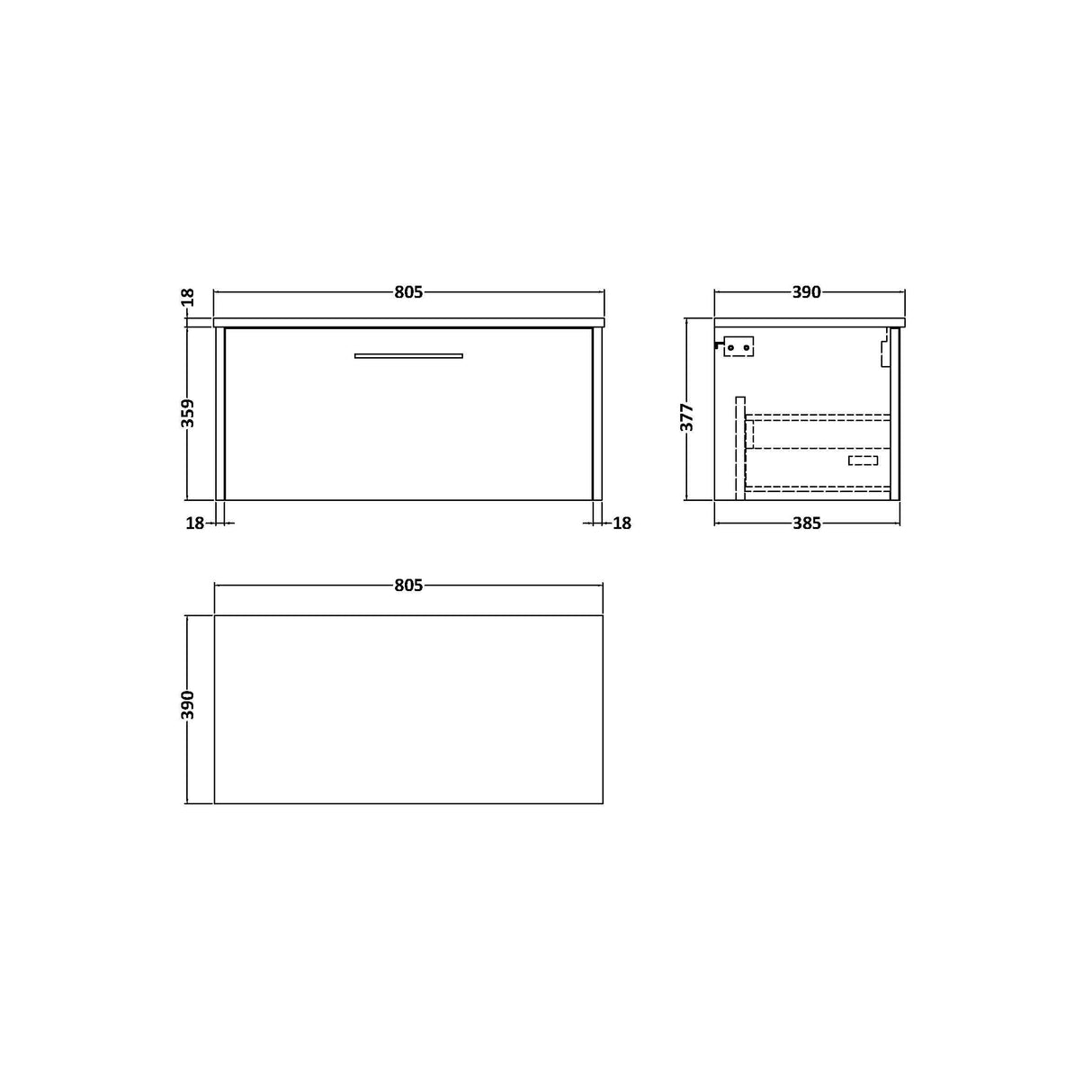 [BFPF2625W] Winshill Contemporary 1 Drawer Wall Hung Vanity Unit with Worktop - Choice of Size and Colour - Technical Drawing