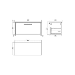 [BFPF2625W] Winshill Contemporary 1 Drawer Wall Hung Vanity Unit with Worktop - Choice of Size and Colour - Technical Drawing