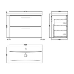 [BFPF2626A] Winshill Contemporary 2 Drawer Wall Hung Vanity Unit with Mid-Edge Basin - Choice of Size and Colour - Technical Drawing