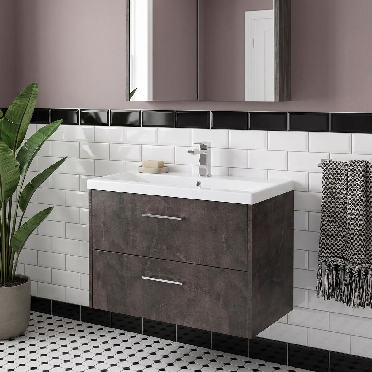 [BFPF2626A] Winshill Contemporary 2 Drawer Wall Hung Vanity Unit with Mid-Edge Basin - Choice of Size and Colour