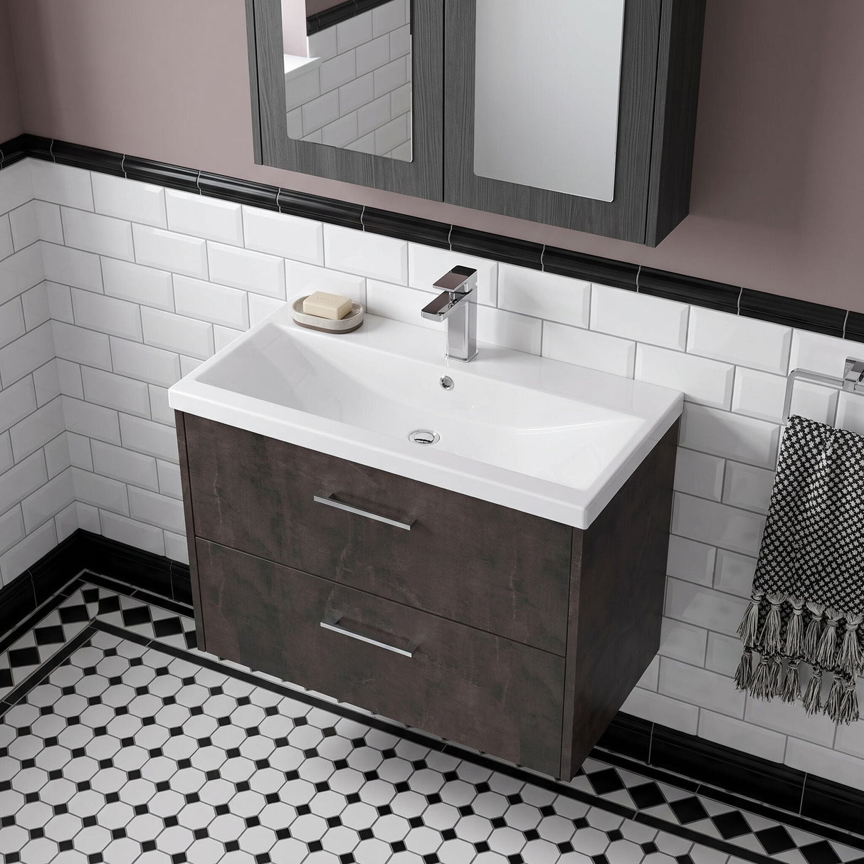 [BFPF2626A] Winshill Contemporary 2 Drawer Wall Hung Vanity Unit with Mid-Edge Basin - Choice of Size and Colour