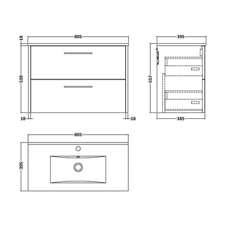 [BFPF2626B] Winshill Contemporary 2 Drawer Wall Hung Vanity Unit with Minimalist Basin, Metallic Slate, 800mm - Technical Drawing