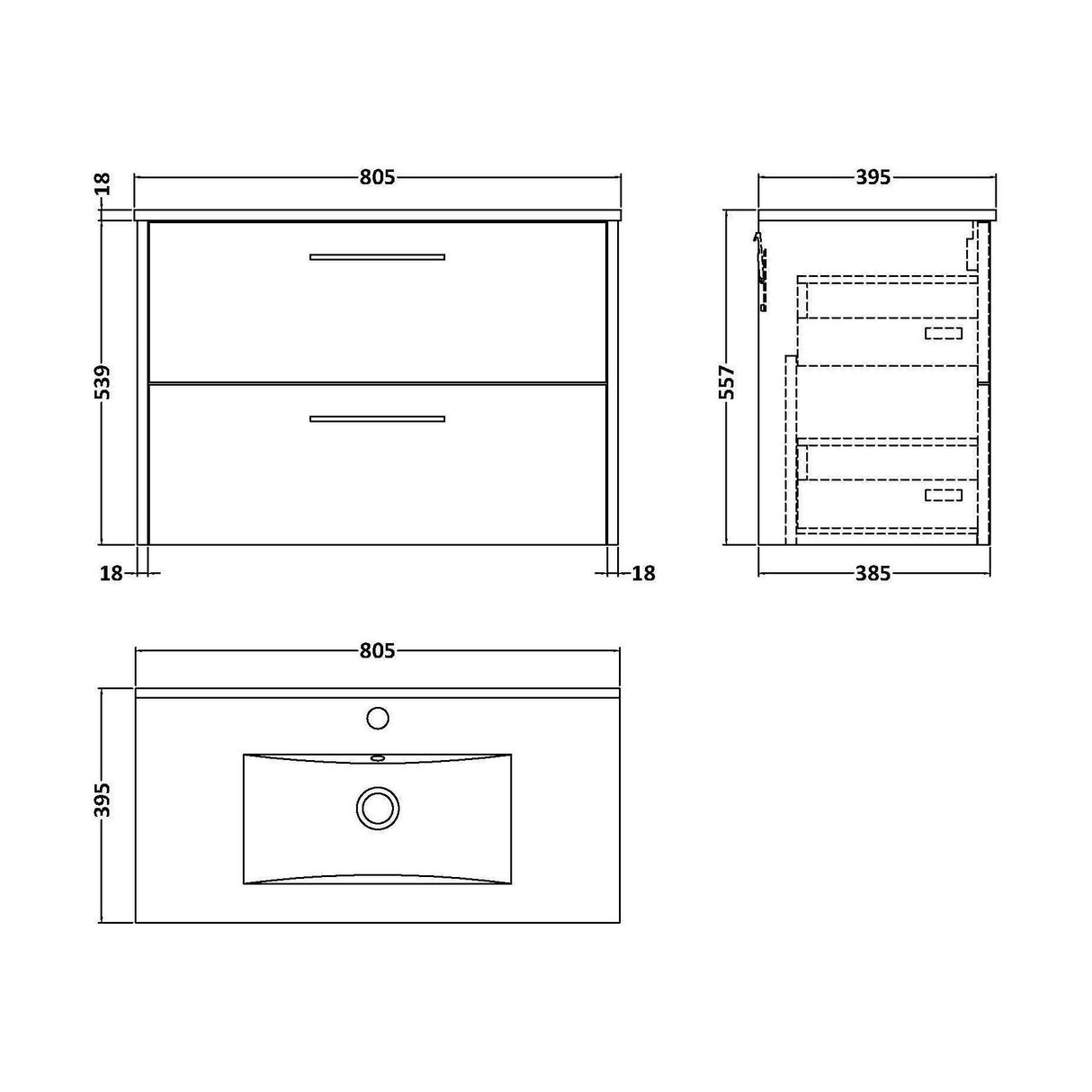 [BFPF2626B] Winshill Contemporary 2 Drawer Wall Hung Vanity Unit with Minimalist Basin, Choice of Size and Colour - Technical Drawing