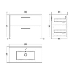[BFPF2626B] Winshill Contemporary 2 Drawer Wall Hung Vanity Unit with Minimalist Basin, Choice of Size and Colour - Technical Drawing