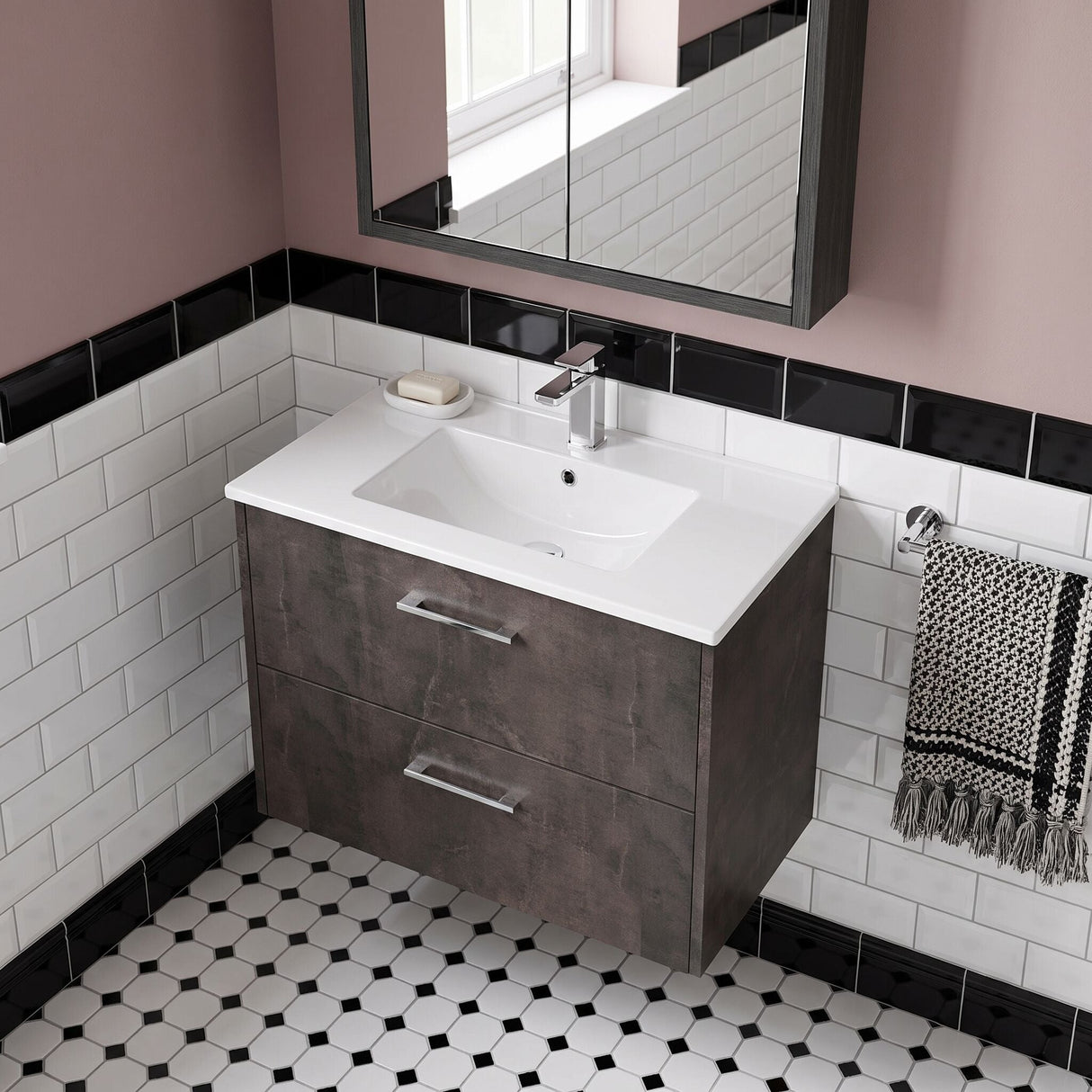 [BFPF2626B] Winshill Contemporary 2 Drawer Wall Hung Vanity Unit with Minimalist Basin, Choice of Size and Colour