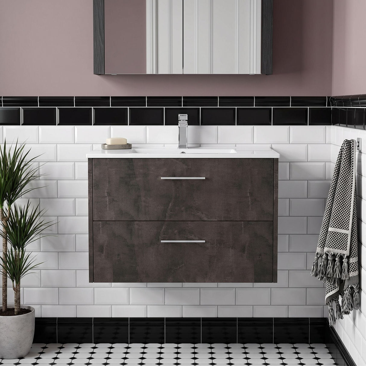 [BFPF2626B] Winshill Contemporary 2 Drawer Wall Hung Vanity Unit with Minimalist Basin, Choice of Size and Colour - Silo