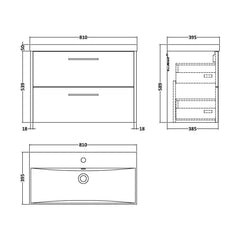 [BFPF2626D] Winshill Contemporary 2 Drawer Wall Hung Vanity Unit with Thin Edge Basin - Choice of Size and Colour - Technical Drawing