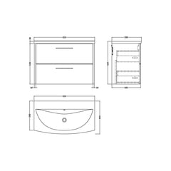 [BFPF2626G] Winshill Contemporary 2 Drawer Wall Hung Vanity Unit with Curved Basin, Choice of Colour - Technical Drawing