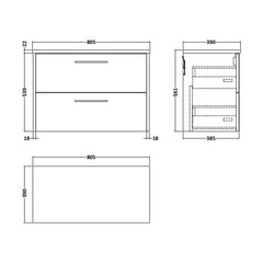[BFPF2626LBG] Winshill Contemporary 2 Drawer Wall Hung Vanity Unit with Laminate Worktop - Choice of Size and Colour - Technical Drawing