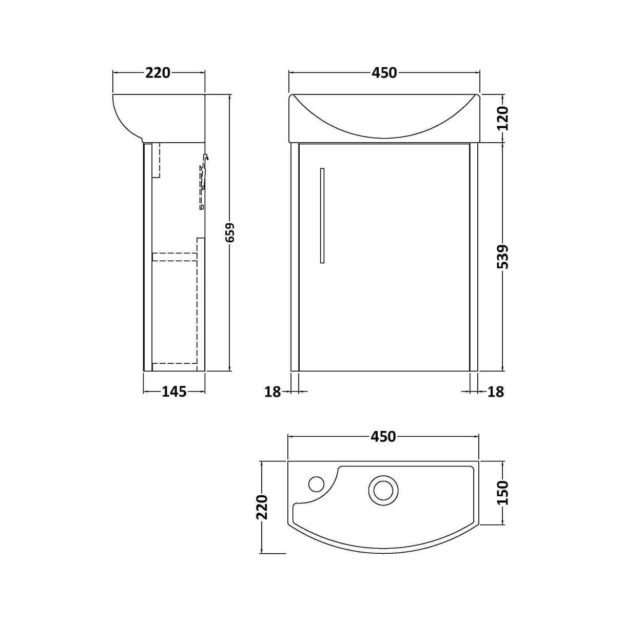 [BFPF2661R] Winshill Contemporary 1 Door Wall Hung Cloakroom Vanity Unit with Basin - Choice of Orientation and Colour - Technical Drawing