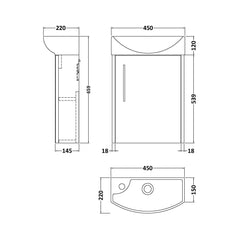 [BFPF2661R] Winshill Contemporary 1 Door Wall Hung Cloakroom Vanity Unit with Basin - Choice of Orientation and Colour - Technical Drawing