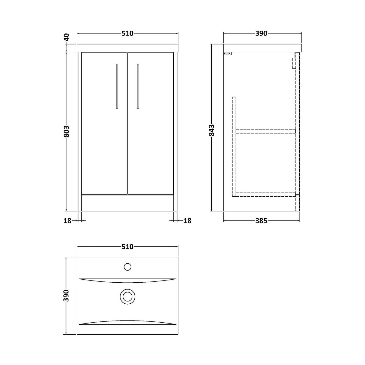 [BFPF2901A] Winshill Contemporary 2 Door Floor Standing Vanity Basin Unit with Mid-Edge Basin, Choice of Size and Colour - Technical Drawing