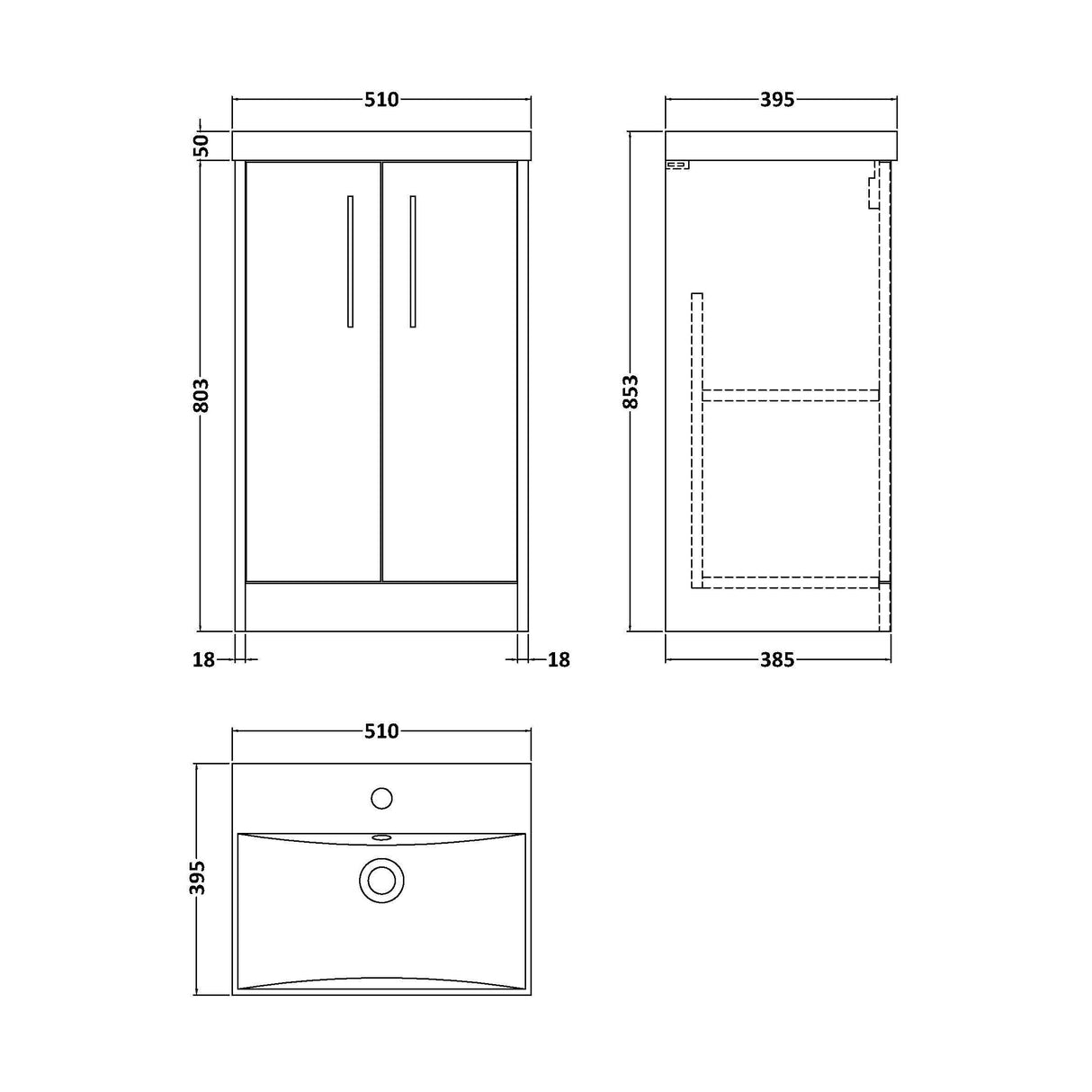 [BFPF2901D] Winshill Contemporary 2 Door Floor Standing Vanity Unit with Thin Edge Basin - Choice of Size and Colour - Technical Drawing