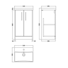 [BFPF2901D] Winshill Contemporary 2 Door Floor Standing Vanity Unit with Thin Edge Basin - Choice of Size and Colour - Technical Drawing