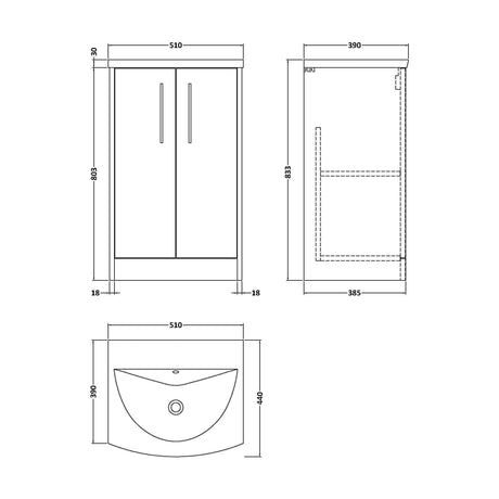 [BFPF2901G] Winshill Contemporary 2 Door Floor Standing Vanity Unit with Curved Basin, Dark Blue, 500mm - Technical Drawing