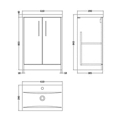 [BFPF2903A] Winshill Contemporary 2 Door Floor Standing Vanity Basin Unit with Mid-Edge Basin, Choice of Size and Colour - Technical Drawing