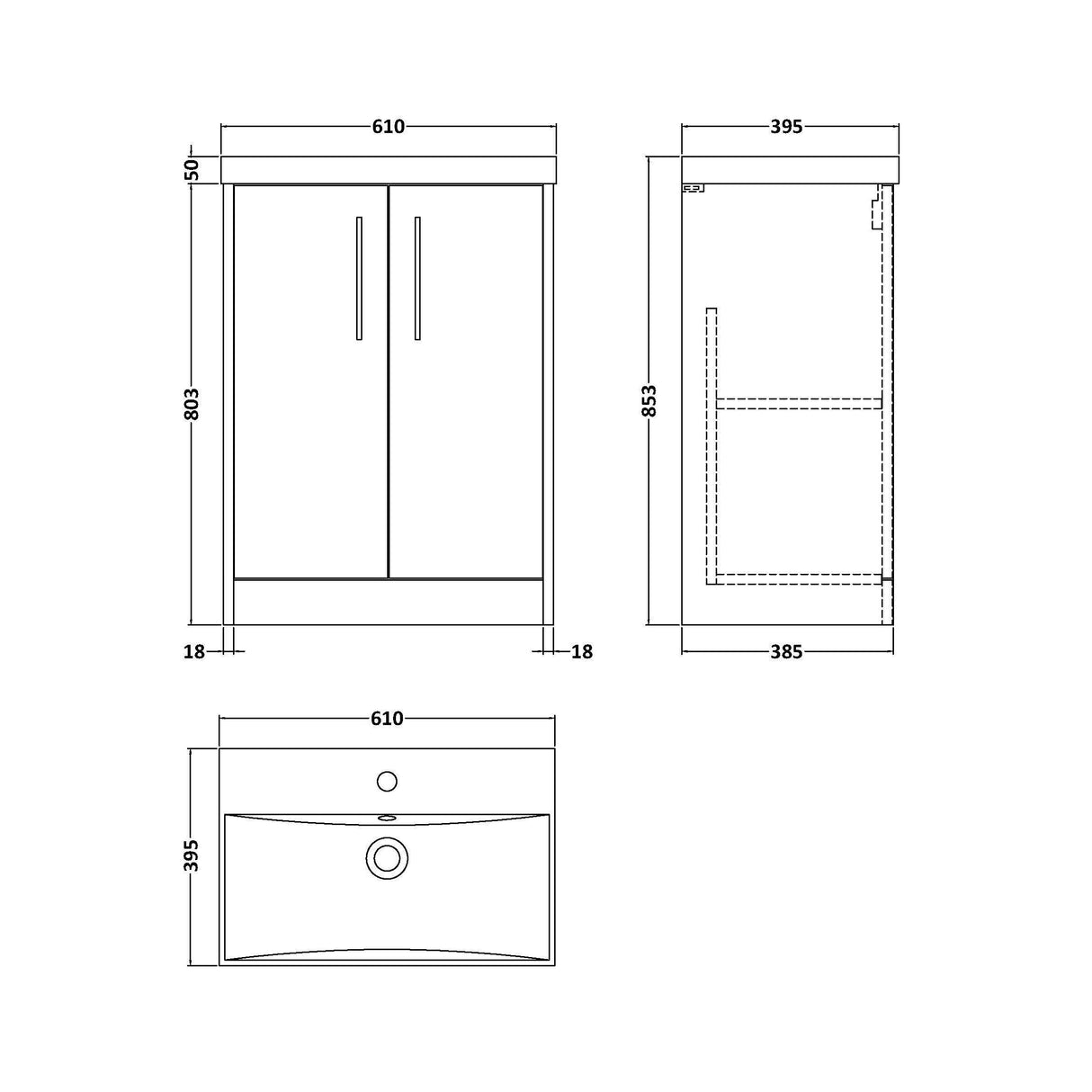 [BFPF2903D] Winshill Contemporary 2 Door Floor Standing Vanity Unit with Thin Edge Basin - Choice of Size and Colour - Technical Drawing