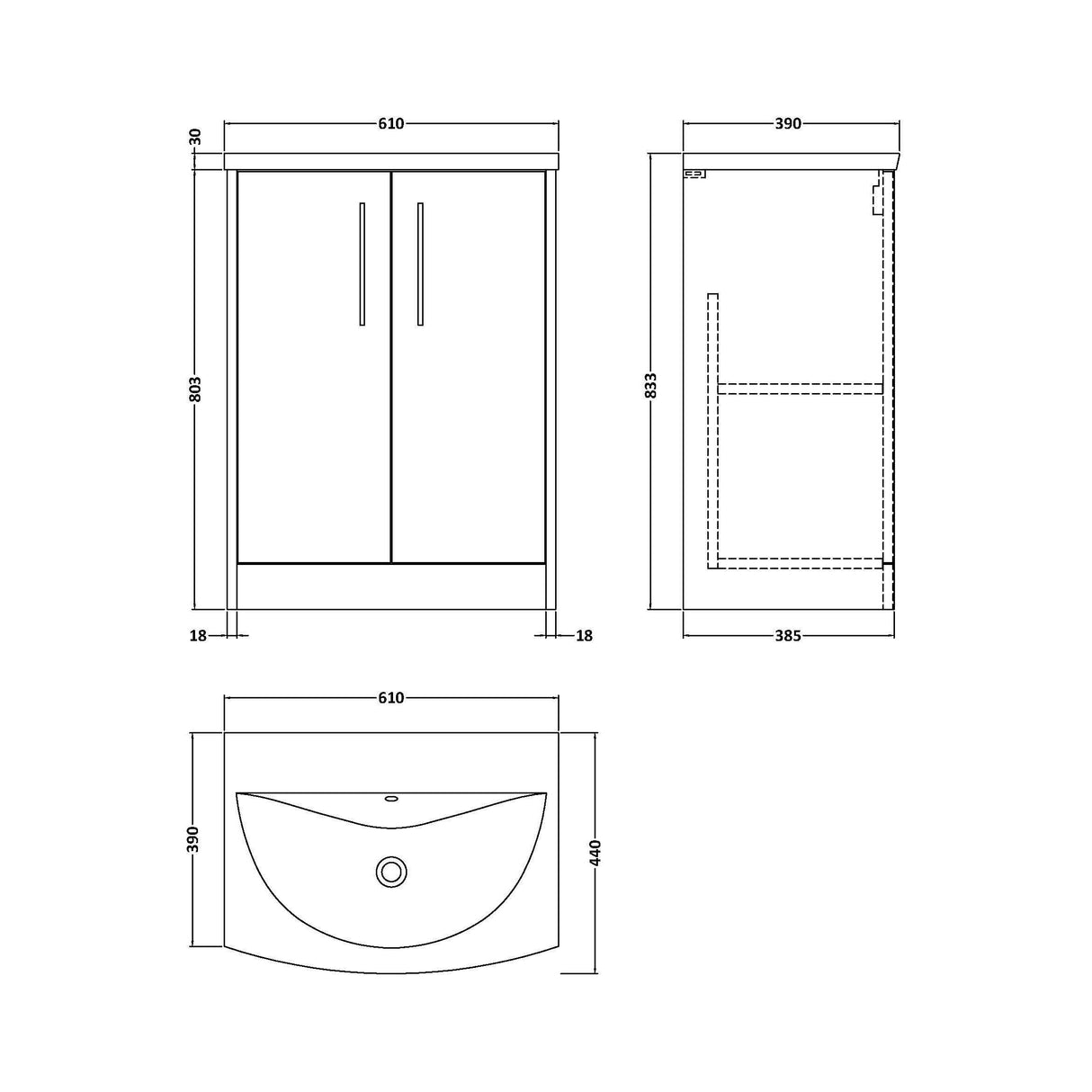 [BFPF2903G] Winshill Contemporary 2 Door Floor Standing Vanity Unit with Curved Basin - Choice of Size and Colour - Technical Drawing