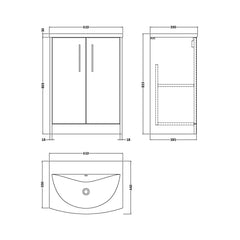 [BFPF2903G] Winshill Contemporary 2 Door Floor Standing Vanity Unit with Curved Basin - Choice of Size and Colour - Technical Drawing