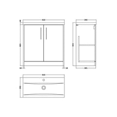 [BFPF2905A] Winshill Contemporary 2 Door Floor Standing Vanity Basin Unit with Mid-Edge Basin, Choice of Size and Colour - Technical Drawing