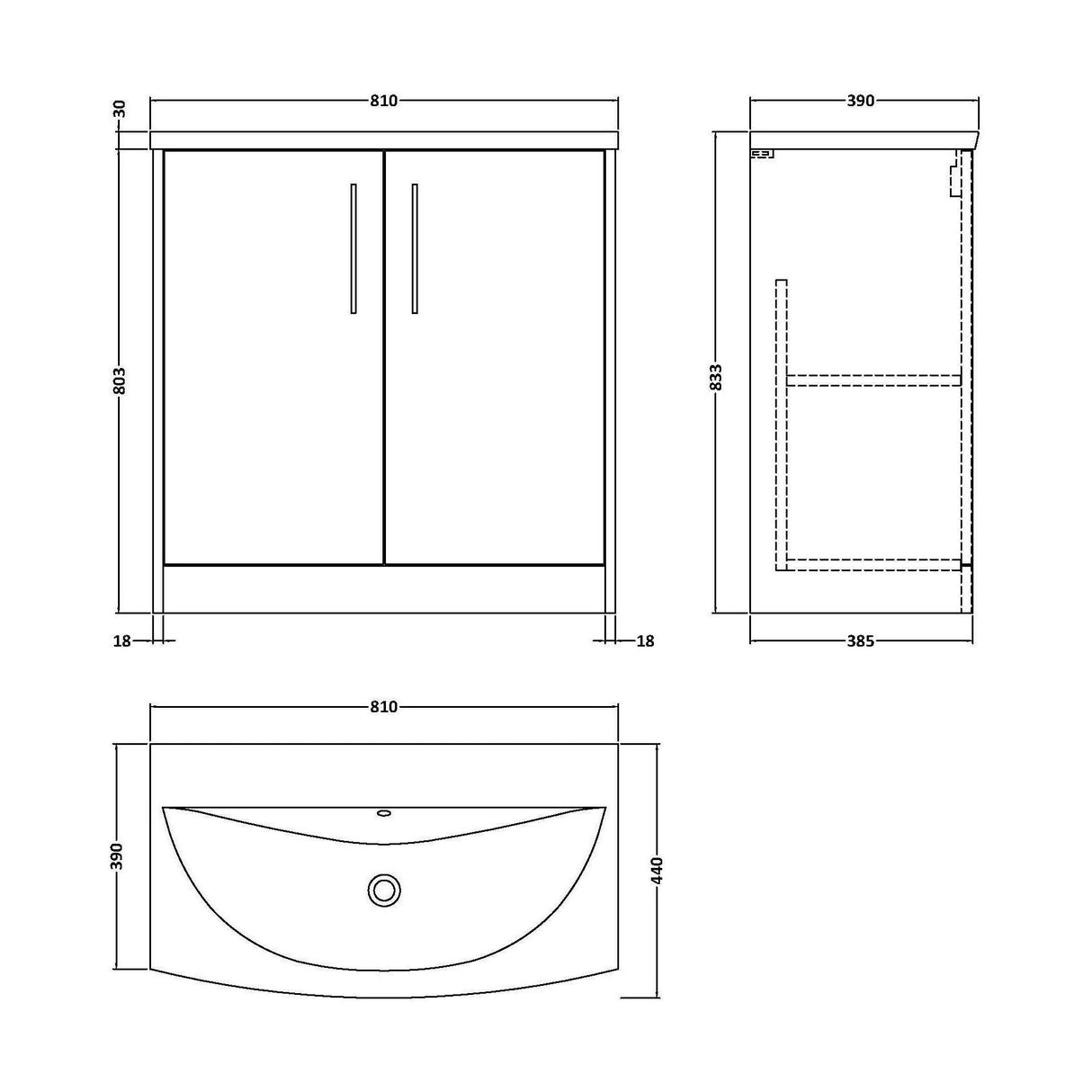 [BFPF2905G] Winshill Contemporary 2 Door Floor Standing Vanity Unit with Curved Basin - Choice of Size and Colour - Technical Drawing