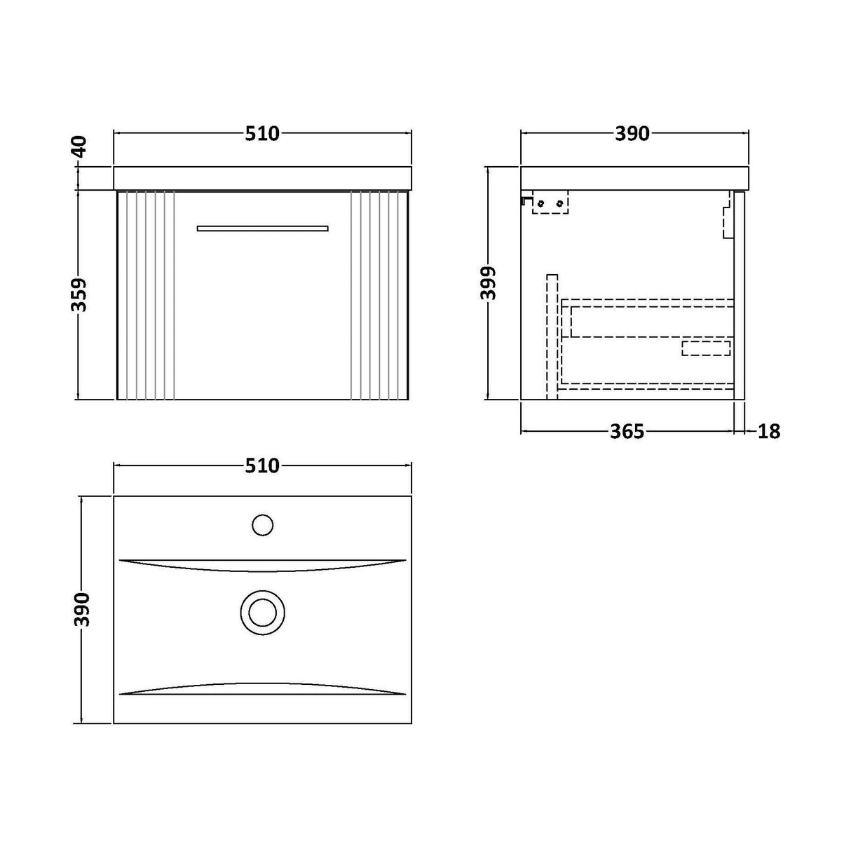 [BFPF291A] Belvide Partial Fluted 1 Drawer Wall Hung Vanity Unit with Mid-Edge 1 Tap Hole Ceramic Basin - Technical Drawing