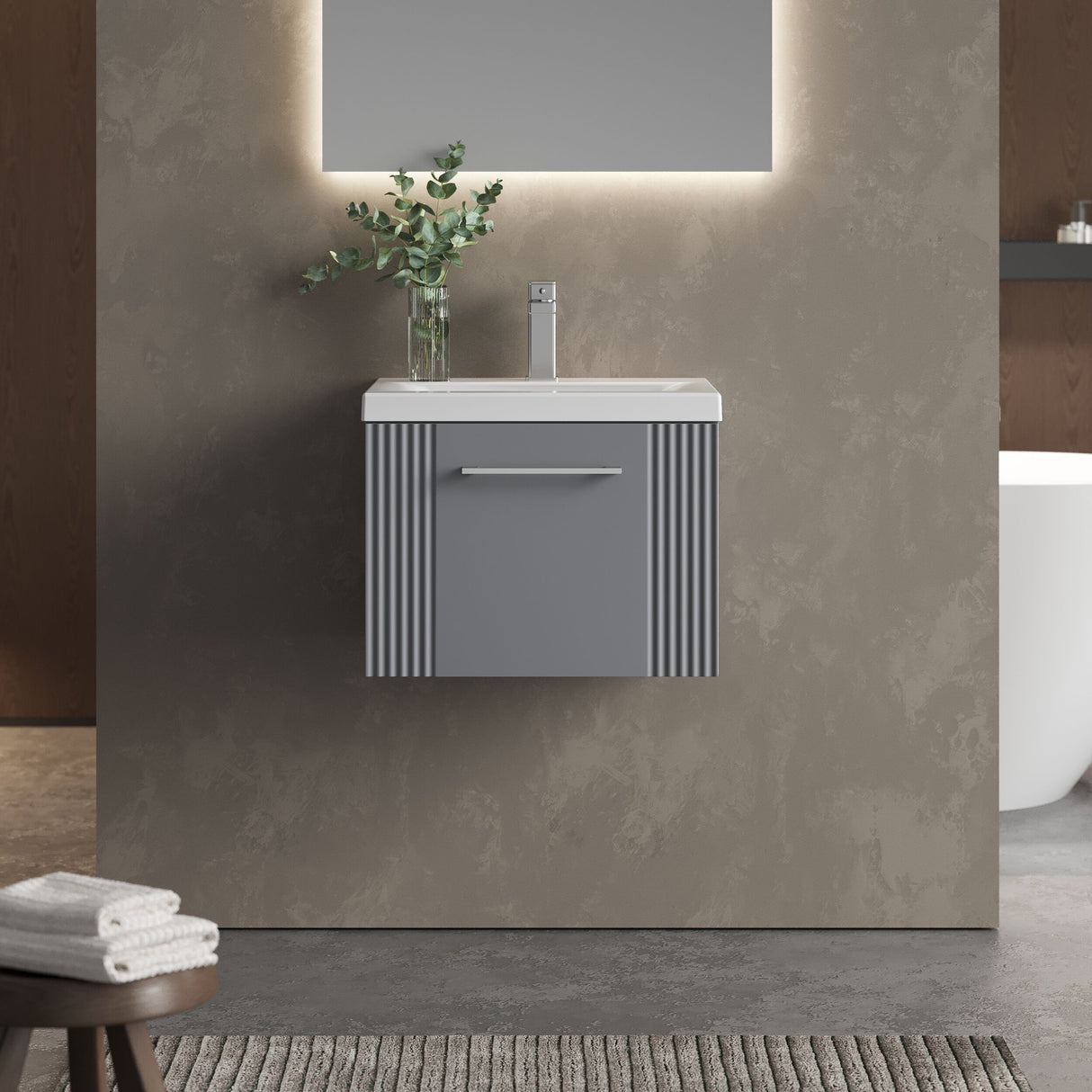 [BFPF291A] Belvide Partial Fluted 1 Drawer Wall Hung Vanity Unit with Mid-Edge 1 Tap Hole Ceramic Basin - Lifestyle 1