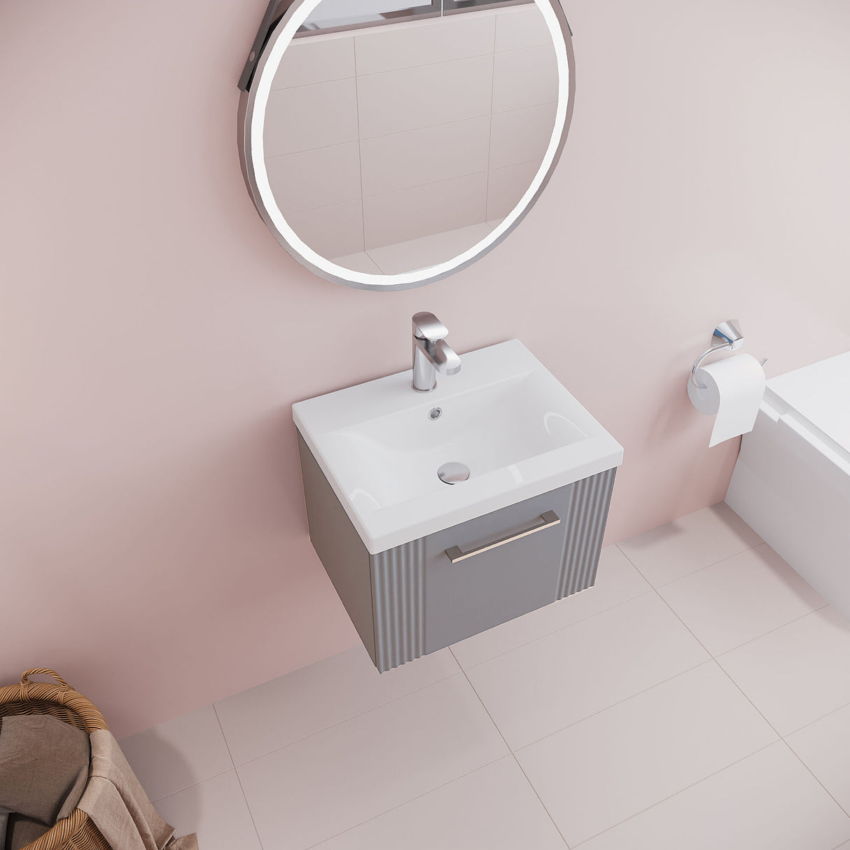 [BFPF291A] Belvide Partial Fluted 1 Drawer Wall Hung Vanity Unit with Mid-Edge 1 Tap Hole Ceramic Basin - Lifestyle 2
