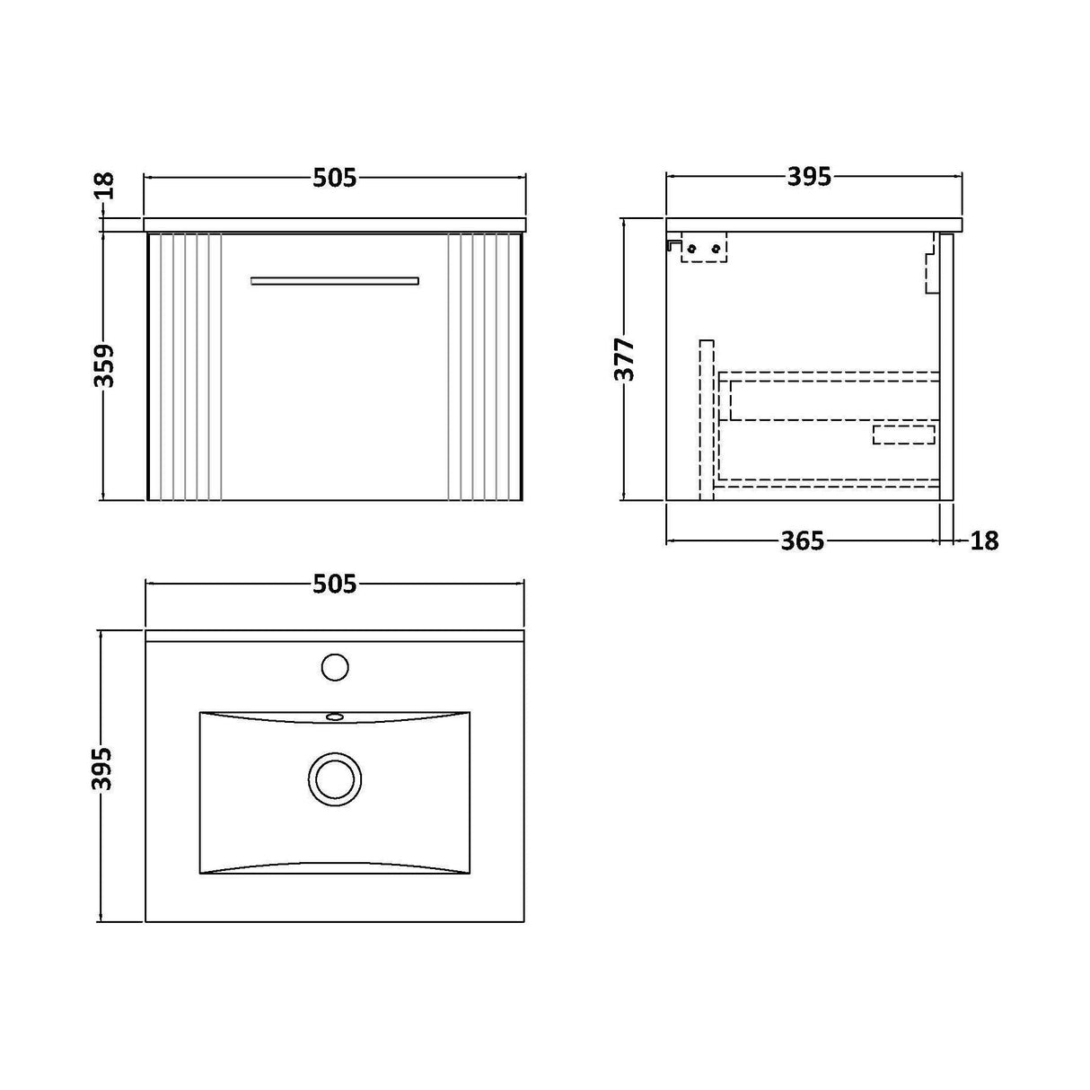 [BFPF291B] Belvide Retro Partial Fluted 1 Drawer Wall Hung Vanity Basin Unit with Minimalist Basin, Choice of Size and Colour - Technical Drawing