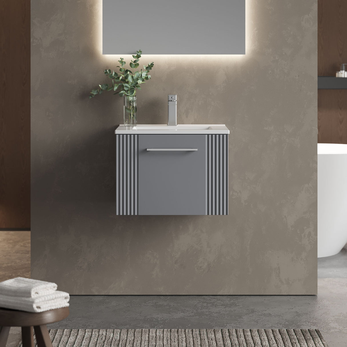 [BFPF291B] Belvide Retro Partial Fluted 1 Drawer Wall Hung Vanity Basin Unit with Minimalist Basin, Choice of Size and Colour