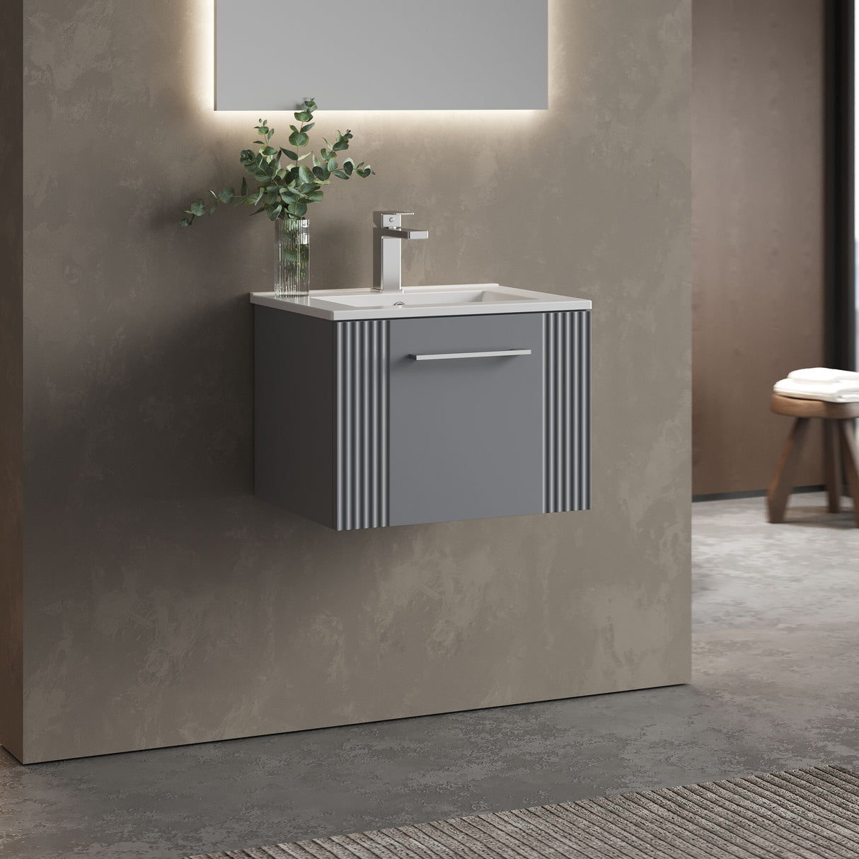 [BFPF291B] Belvide Retro Partial Fluted 1 Drawer Wall Hung Vanity Basin Unit with Minimalist Basin, Choice of Size and Colour