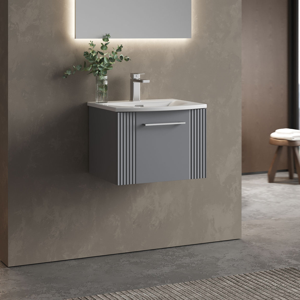 [BFPF291G] Partial Fluted 1 Drawer Wall Hung Vanity Unit with 1 Tap Hole Curved Basin- 500mm - Satin Grey - Lifestyle 3