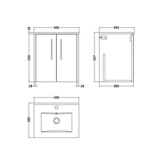 [BFPF2921B] Winshill Contemporary 2 Door Wall Hung Vanity Unit with Minimalist Basin - Choice of Size and Colour - Technical Drawing